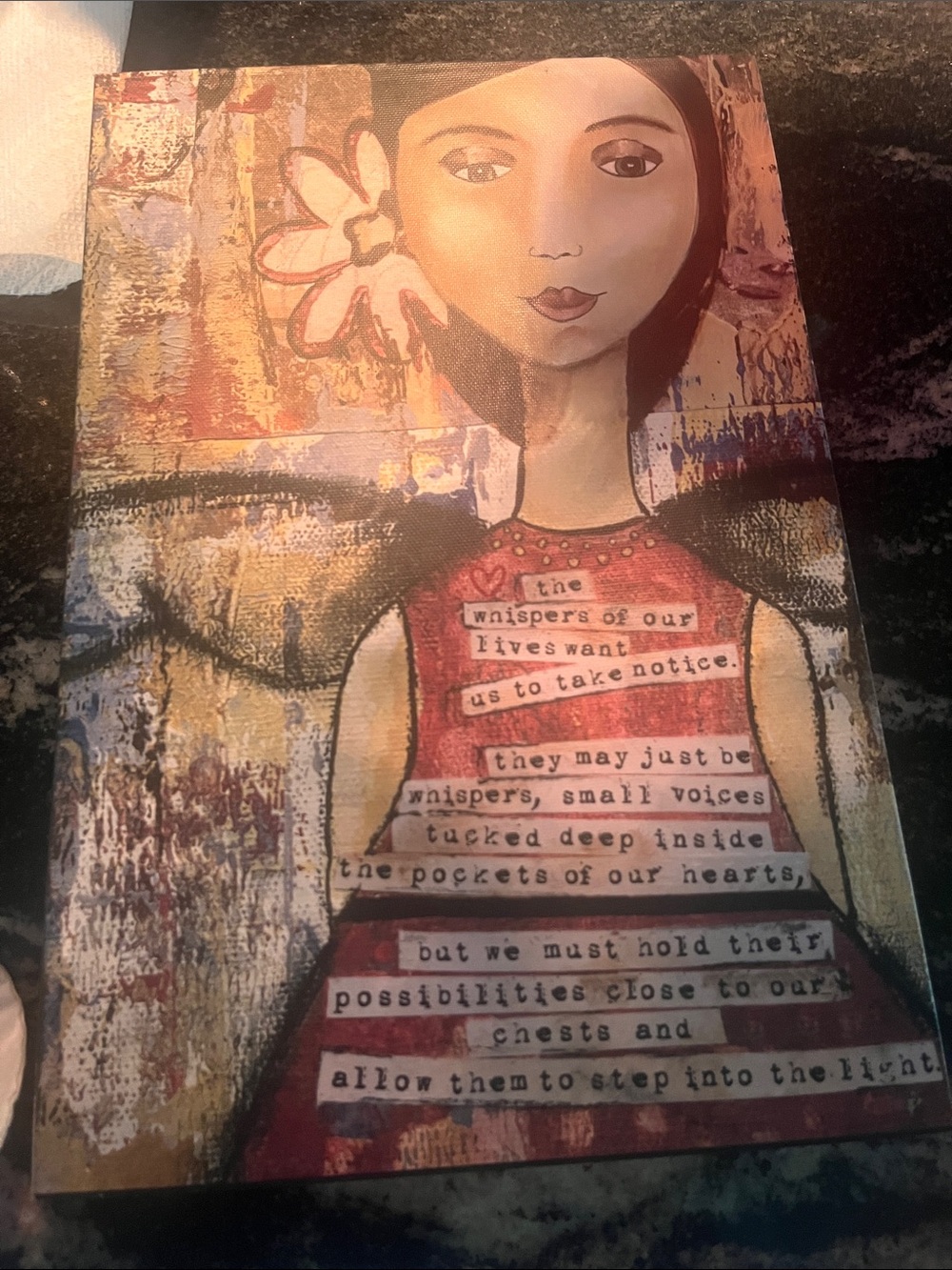 Mixed Media Girl Wall Art in Red and Cream